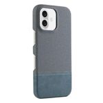 Custodia per iPhone 16 in PU ibrida con rivestimento in tessuto con cuciture MagSafe e magnete per PC (blu ciano)