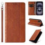 Custodia per telefono in pelle magnetica resistente con motivo intrecciato in rilievo per iPhone 16 Plus (marrone)