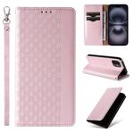 Custodia per iPhone 16 Plus in pelle magnetica resistente con motivo intrecciato in rilievo (oro rosa)