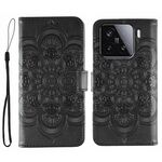 Custodia in pelle per telefono Xiaomi 15 Sun Mandala con motivo in rilievo (nero)
