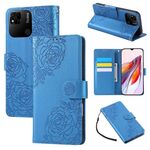 Custodia in pelle con 3 slot per carte di credito e motivo a fiori di rosa per Redmi 10A 4G (blu)