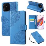 Custodia in pelle con 3 slot per carte di credito e motivo a fiori di rosa in rilievo per Redmi 10C 4G Global / 10 India (blu)