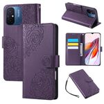 Custodia in pelle con 3 slot per carte di credito e motivo a rose in rilievo per Redmi 11A 4G Global (viola scuro)