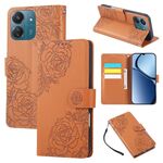 Custodia in pelle con 3 slot per carte di credito e motivo a fiori di rosa per Redmi 13C 4G / 5G / Poco C65 (marrone)