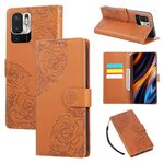 Custodia in pelle con 3 slot per carte di credito e motivo a fiori di rosa per Redmi Note 10 5G / Poco M3 Pro (marrone)