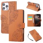 Custodia in pelle con 3 scomparti per carte di credito e motivo a fiori di rosa per iPhone 16 Pro Max (marrone)