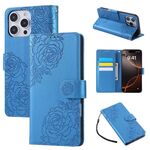 Custodia in pelle con 3 scomparti per carte di credito e motivo a fiori di rosa per iPhone 16 Pro Max (blu)