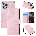 Custodia in pelle con 3 scomparti per carte di credito e motivo a fiori di rosa per iPhone 16 Pro Max (rosa)