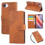 Custodia in pelle con 3 slot per carte di credito e motivo a fiori di rosa per iPhone 16e (marrone)