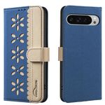 For Google Pixel 8 Splicing Color Hollow Flower Pattern RFID Leather Phone Case(Dark Blue)