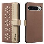 For Google Pixel 8 Splicing Color Hollow Flower Pattern RFID Leather Phone Case(Brown)