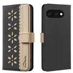 For Google Pixel 9a Splicing Color Hollow Flower Pattern RFID Leather Phone Case(Black)