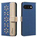 For Google Pixel 9a Splicing Color Hollow Flower Pattern RFID Leather Phone Case(Dark Blue)