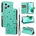 For Honor 400 Lite Cat and Bee Embossed Flip Leather Phone Case(Green)