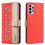 For Samsung Galaxy A32 4G Splicing Color Hollow Flower Pattern RFID Leather Phone Case(Red)
