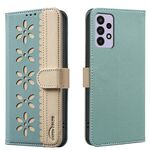 For Samsung Galaxy A32 4G Splicing Color Hollow Flower Pattern RFID Leather Phone Case(Green)