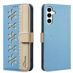 For Samsung Galaxy A55 5G Splicing Color Hollow Flower Pattern RFID Leather Phone Case(Baby Blue)