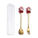 Set di forchette e cucchiai da dessert di Natale da 2 pezzi/pacco Stoviglie portatili a forma di simpatico cartone animato, Stile: Babbo Natale dorato