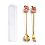 Set di forchette e cucchiai da dessert di Natale da 2 pezzi/pacco Stoviglie portatili a forma di cartone animato, Stile: Alce di Natale dorato