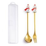 Set di forchette e cucchiai da dessert di Natale da 2 pezzi/pacco Stoviglie portatili a forma di cartone animato, Stile: Pupazzo di neve di Natale dorato