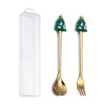 Set di forchette e cucchiai da dessert di Natale da 2 pezzi/pacco Stoviglie portatili a forma di cartone animato, Stile: Piccolo albero di Natale dorato