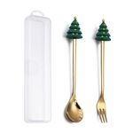 Set di forchette e cucchiai da dessert natalizi da 2 pezzi/pacco, stoviglie portatili a forma di simpatico cartone animato, stile: albero di Natale rotondo dorato