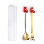 Set di forchette e cucchiai da dessert natalizi da 2 pezzi/pacco, stoviglie portatili a forma di simpatico cartone animato, stile: calzini natalizi dorati