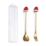 Set di forchette e cucchiai da dessert di Natale da 2 pezzi/pacco Stoviglie portatili a forma di cartone animato, Stile: Cappello natalizio dorato