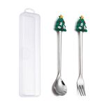 Set di forchette e cucchiai da dessert di Natale da 2 pezzi/pacco Stoviglie portatili a forma di simpatico cartone animato, Stile: Piccolo albero di Natale Argento