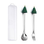 Set di forchette e cucchiai da dessert di Natale da 2 pezzi/pacco Stoviglie portatili a forma di cartone animato, Stile: Albero di Natale rotondo Argento