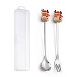 Set di forchette e cucchiai da dessert di Natale da 2 pezzi/pacco Stoviglie portatili a forma di simpatico cartone animato, Stile: Alce di Natale Argento