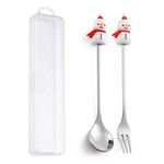 Set di forchette e cucchiai da dessert di Natale da 2 pezzi/pacco Stoviglie portatili a forma di simpatico cartone animato, Stile: Pupazzo di neve di Natale Argento