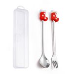 Set di forchette e cucchiai da dessert di Natale da 2 pezzi/pacco Stoviglie portatili a forma di cartone animato, Stile: Calzini di Natale Argento