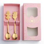 Set regalo di stoviglie per cucchiaio natalizio in acciaio inossidabile da 2 pezzi / confezione, colore: scatola rosa Pan di zenzero dorato + pupazzo di neve