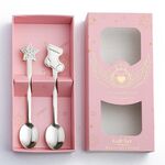 Set regalo da tavola natalizio con cucchiaio in acciaio inossidabile da 2 pezzi / confezione, colore: scatola rosa, calzini argento + stelle