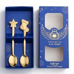 Set regalo da tavola natalizio con cucchiaio in acciaio inossidabile da 2 pezzi / confezione, colore: scatola blu calzini dorati + stelle