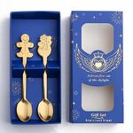 Set regalo da tavola con cucchiaio in acciaio inossidabile natalizio da 2 pezzi / confezione, colore: scatola blu, pan di zenzero dorato + pupazzo di neve