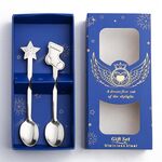 Set regalo da tavola natalizio con cucchiaio in acciaio inossidabile da 2 pezzi / confezione, colore: scatola blu, calzini argento + stelle