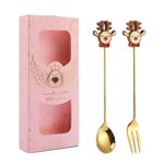 2 pezzi/pacco regalo di Natale cucchiaio forchetta da frutta per dessert e caffè, stile: alce (scatola rosa)