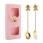 2 pezzi/pacco regalo di Natale cucchiaio forchetta da frutta per dessert e caffè, stile: pan di zenzero (scatola rosa)