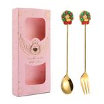 2 pezzi/pacco regalo di Natale cucchiaio forchetta da frutta per dessert e caffè, stile: ghirlanda (scatola rosa)