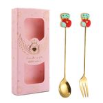 2 pezzi/pacco regalo di Natale cucchiaio forchetta da frutta per dessert e caffè, stile: calzini (scatola rosa)