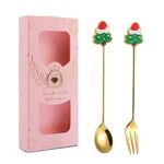 2 pezzi/pacco regalo di Natale cucchiaio forchetta da frutta per dessert e caffè, stile: albero (scatola rosa)