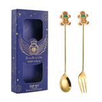2 pezzi/pacco regalo di Natale cucchiaio forchetta da frutta per dessert e caffè, stile: pan di zenzero (scatola blu)
