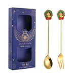 2 pezzi/pacco regalo di Natale cucchiaio forchetta da frutta per dessert e caffè, stile: ghirlanda (scatola blu)