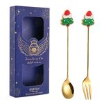 2 pezzi/pacco regalo di Natale cucchiaio forchetta da frutta per dessert e caffè, stile: albero (scatola blu)