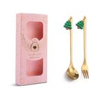 Confezione da 2 cucchiai natalizi, forchetta da frutta, con posate pendenti, stile: albero (scatola rosa)