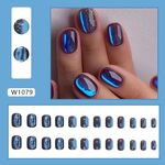 24 pezzi/scatola Stampa breve sulle unghie Unghie finte con glitter blu galassia Bling Aurora (W1079)
