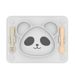 Piatto per alimenti con griglia a ventosa integrata per bambini Piatti per colla in silicone Panda per bambini (con forchetta e cucchiaio Nero Bianco)