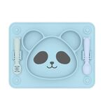 Piatto per alimenti con griglia a ventosa integrata per bambini Piatti per colla in silicone Panda per bambini (con forchetta e cucchiaio azzurro)